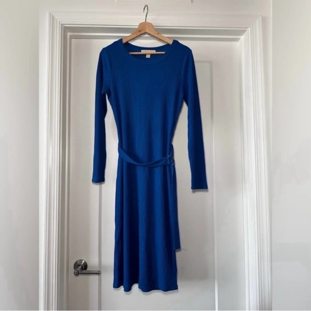 🦋MICHEAL Michael Kors Blue Long Sleeve Belted Rib-Knit Dress - Size Medium - Picture 2 of 6